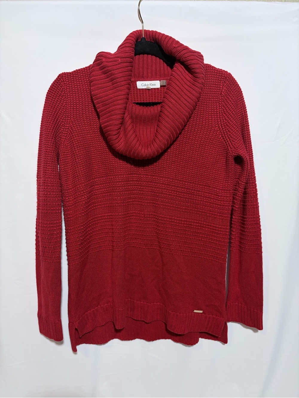 Calvin Klein Womens RED Cowl Neck Textured Knit Sweater Tunic Size XS
